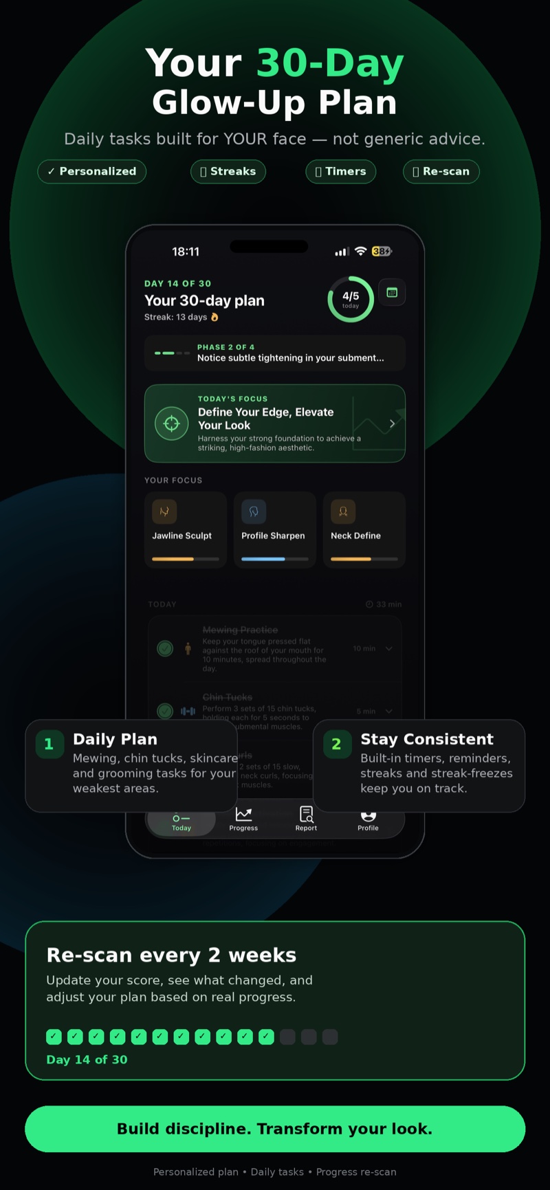Personalized 30-day glow-up plan with daily looksmaxxing tasks, streaks and re-scans