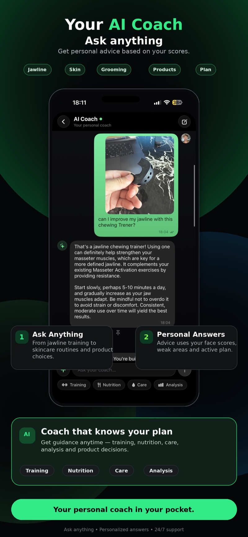 AI looksmaxxing coach chat answering a jawline training question