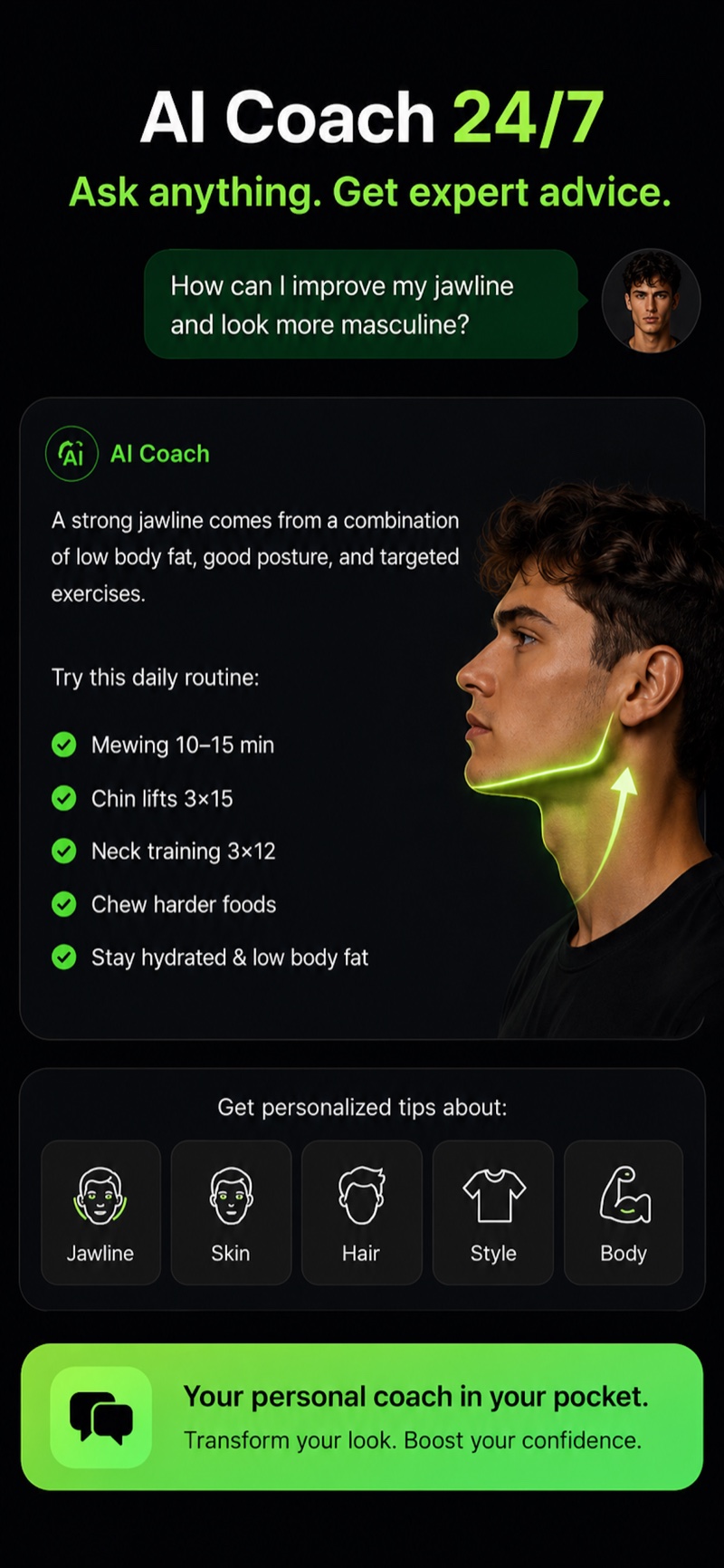 AI coach jawline routine — mewing, chin lifts and neck training tips